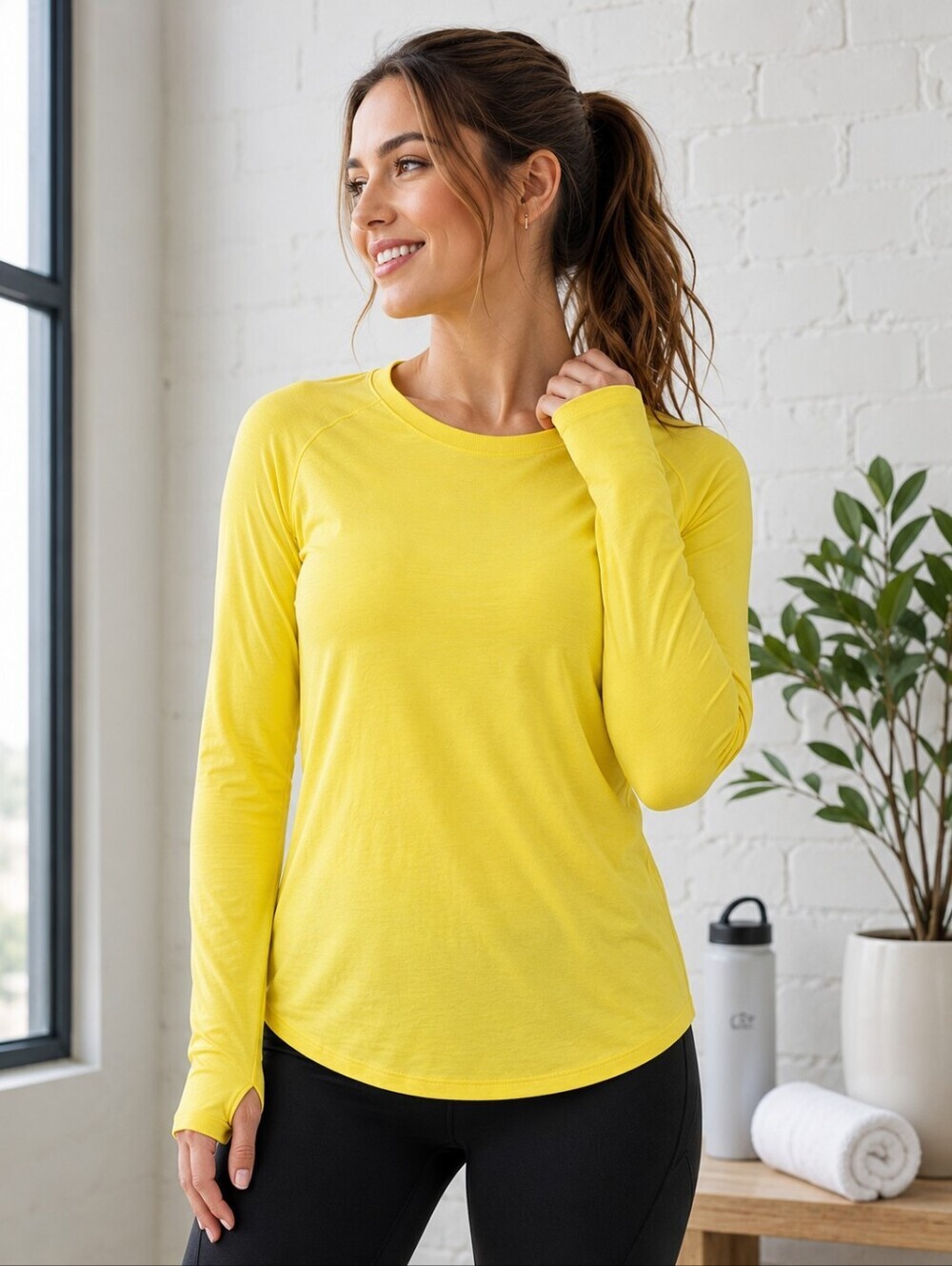 💛 Crane Bright Yellow Performance Long Sleeve Top | Thumbhole Athletic Shirt |
